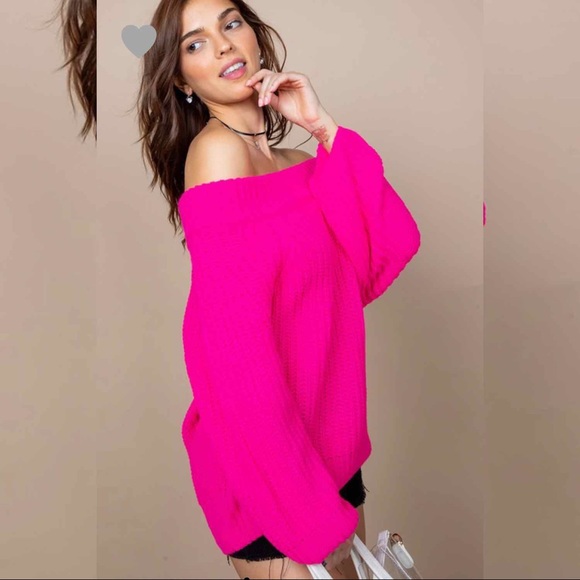 Sweaters - Off The Shoulder Sweater- NEON FUSHIA